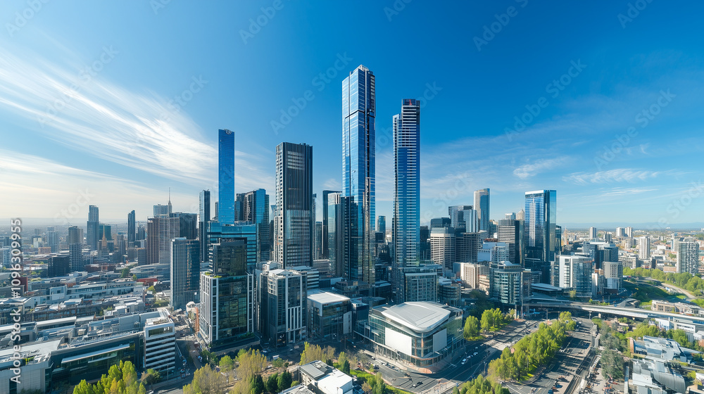 Obraz premium Modern City Skyline with CBD Office Buildings - Drone View and Clear Blue Sky