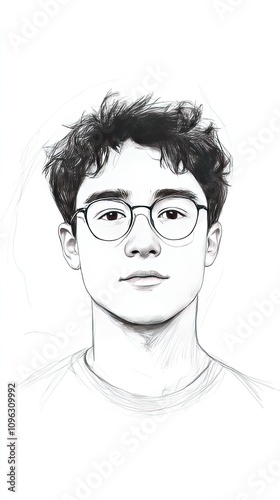 Black and white sketch of a young man with glasses.