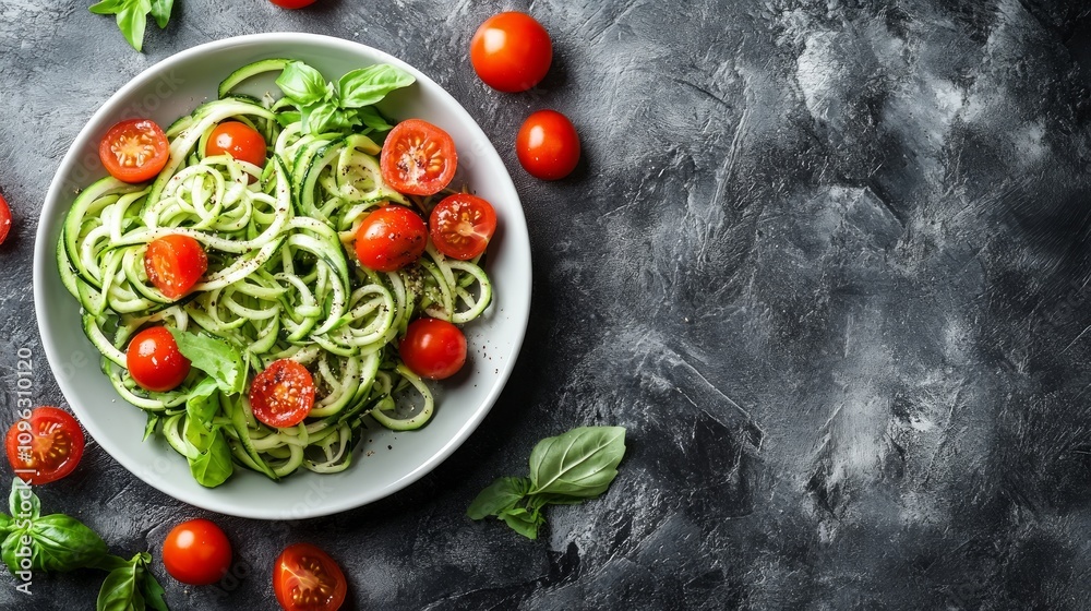 Zucchini noodles with cherry tomatoes and basil in a bowl on a dark background.