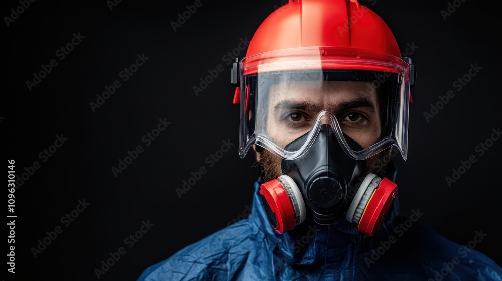 Person Wearing Protective Gear and Respirator Mask with Red Helmet in Studio Context, Emphasizing Safety and Health Precautions for Hazardous Environments