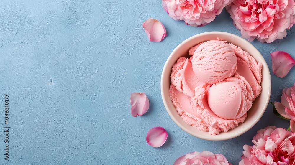 Pink ice cream in a bowl surrounded by flowers. Pink ice cream in a bowl surrounded by flowers.