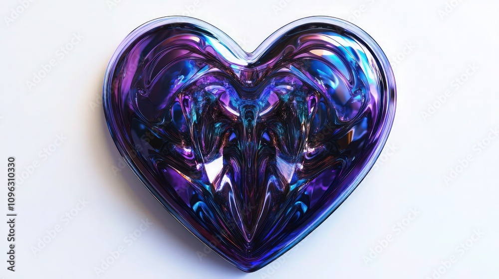 A heart-shaped hologram sticker with deep, metallic purples and blues, reflecting light in a mesmerizing pattern. The intricate holographic design within the heart shows subtle abstract shapes. A heart-shaped hologram sticker with deep, metallic purples and blues, reflecting light in a mesmerizing pattern. The intricate holographic design within the heart shows subtle abstract shapes.