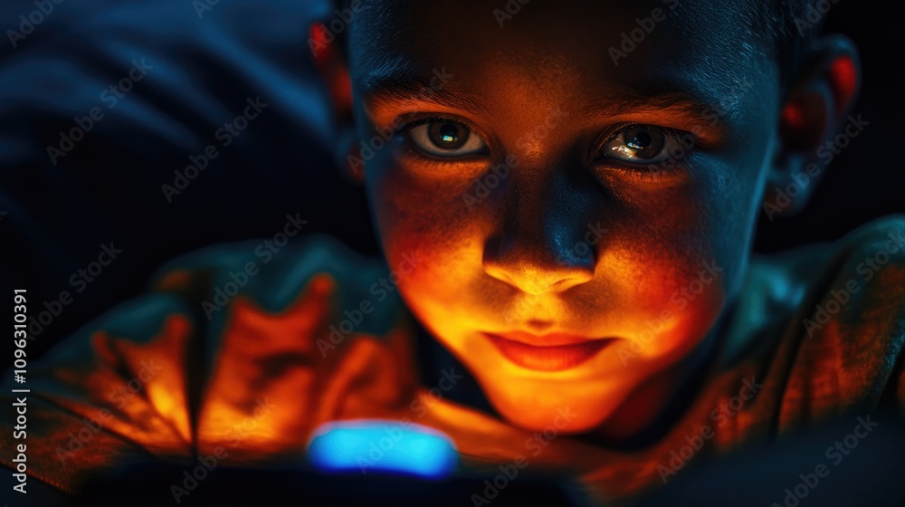 Close-up of a boy's face illuminated by smartphone screen light, focused and engrossed in a movie or game during the evening. Close-up of a boy's face illuminated by smartphone screen light, focused and engrossed in a movie or game during the evening.