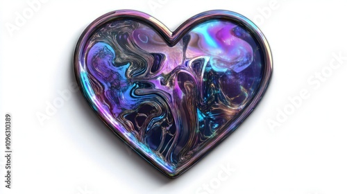 A heart-shaped hologram sticker with deep, metallic purples and blues, reflecting light in a mesmerizing pattern. The intricate holographic design within the heart shows subtle abstract shape.. photo