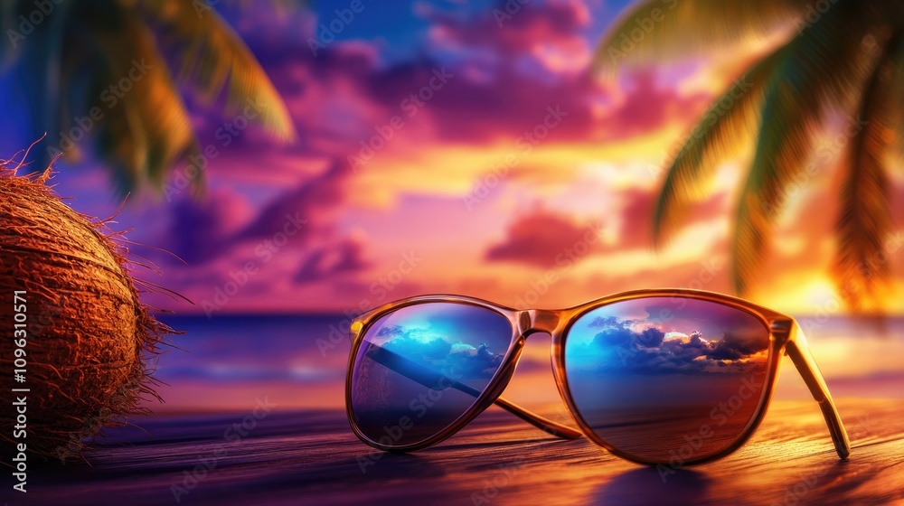 Sunglasses on a wooden table with reflections of a vibrant sunset, surrounded by a coconut and palm trees by the beach. Sunglasses on a wooden table with reflections of a vibrant sunset, surrounded by a coconut and palm trees by the beach.
