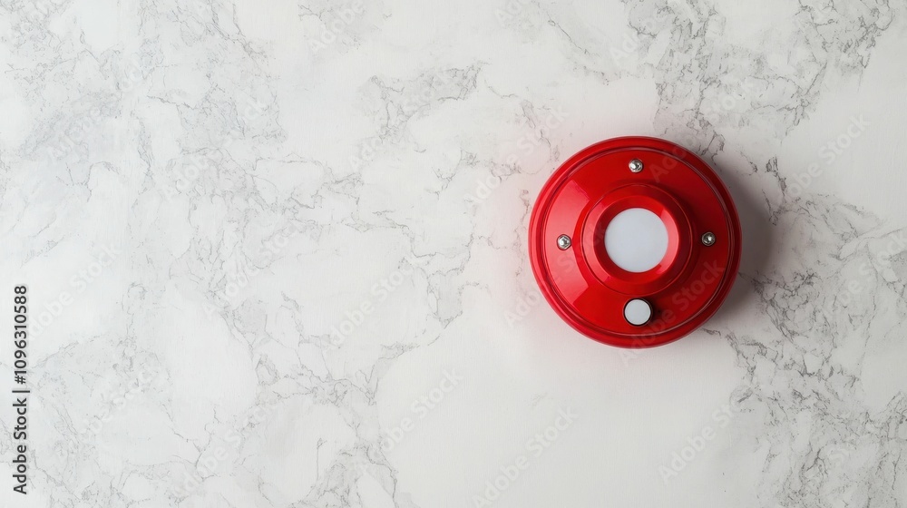 Fire alarm sensor signal concept. A red circular button is centered on a light marble background, suggesting functionality and simplicity in design.