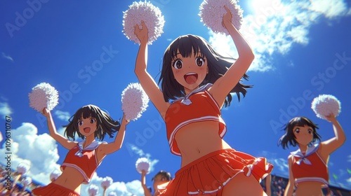 A group of anime cheerleaders with pom-poms in the air, smiling and cheering under a bright blue sky. photo