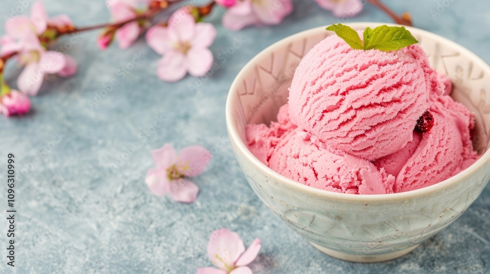 Pink ice cream in a bowl with cherry blossoms. Pink ice cream in a bowl with cherry blossoms.