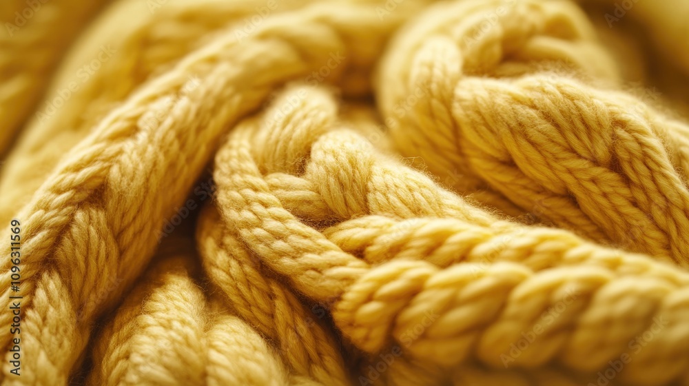 Close-up of rich yellow knitted fabric with intricate woolen texture and braided patterns, highlighting softness and warmth of fibers.