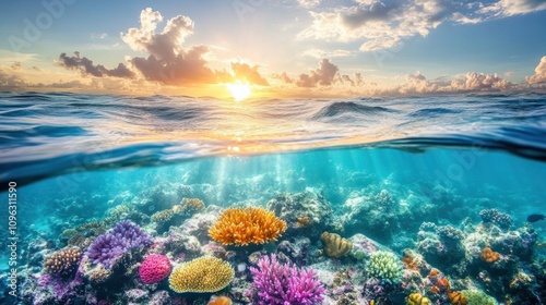 Sea background with vibrant turquoise water, soft waves, and a colorful coral reef visible below