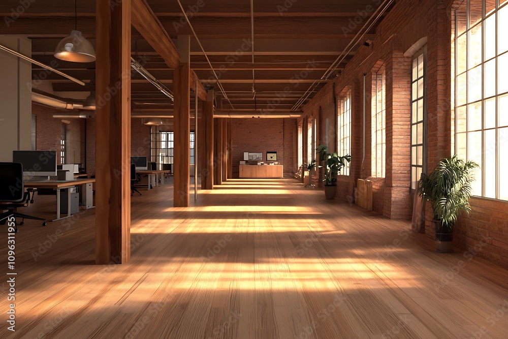 A large open office space with wooden floors and brick walls, 3d render, A large open office space with wooden floors and brick walls, 3d render,