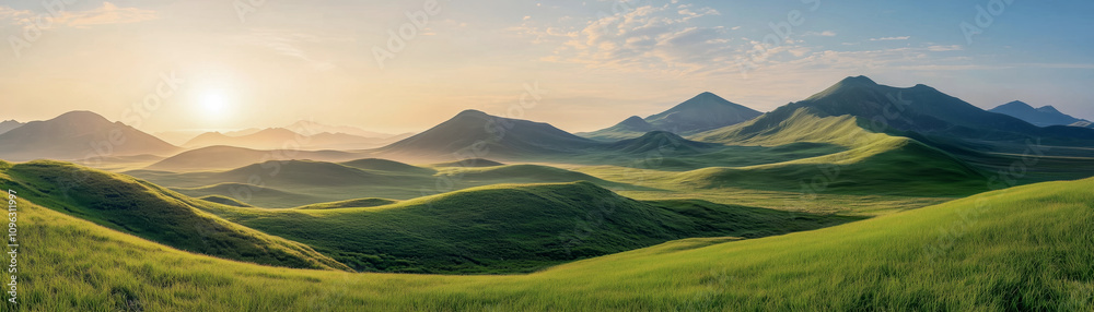 Fototapeta premium Fake HDR 360 degree panorama of serene landscape of rolling green hills at sunrise