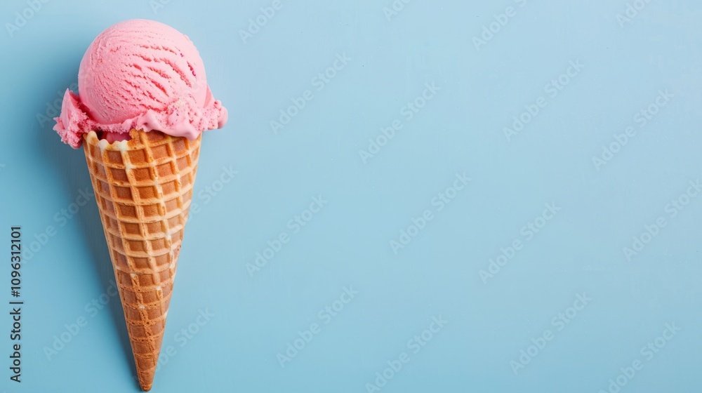 Pink ice cream in a waffle cone on a blue background.