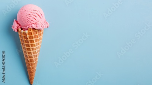 Pink ice cream in a waffle cone on a blue background. photo