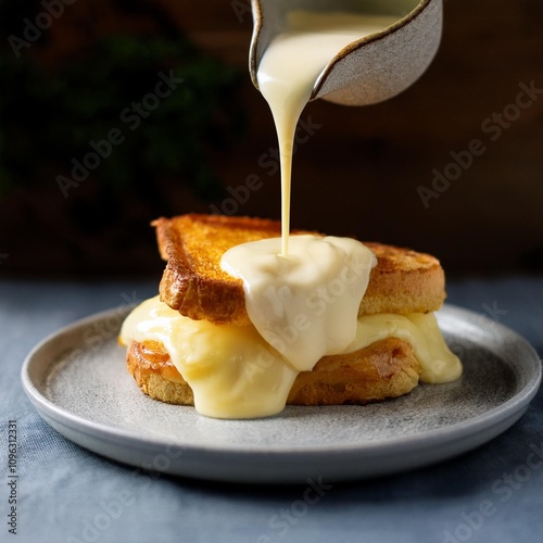 rich bechamel sauce being poured over croque monsieur adding a creamy and indulgent touch