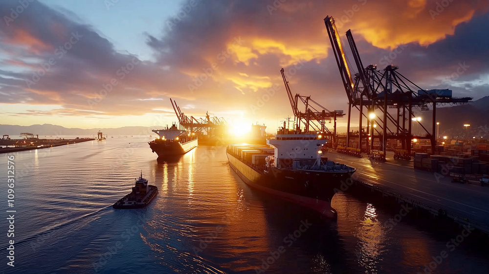 Busy Port Scene with Ships Cranes and Workers Busy Port Scene with Ships Cranes and Workers