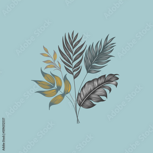 illustration of a branch with leaves. Tropical leaves and feather in black and gold tones on a blue background. Elegant and modern illustration for decor or design.
