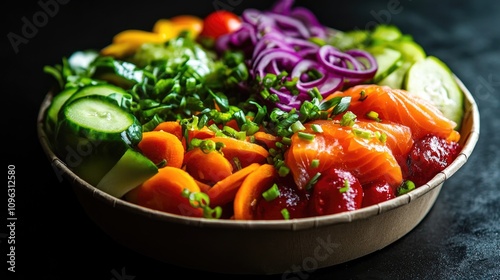 A vibrant bowl featuring fresh salmon slices and a colorful mix of assorted vegetables including cucumbers, carrots, red onions, and cherry tomatoes, garnished with green onions.