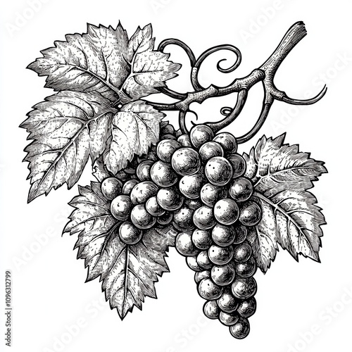 A hand-drawn vintage-style vector of a grapevine with leaves, engraved in monochrome black and white. 