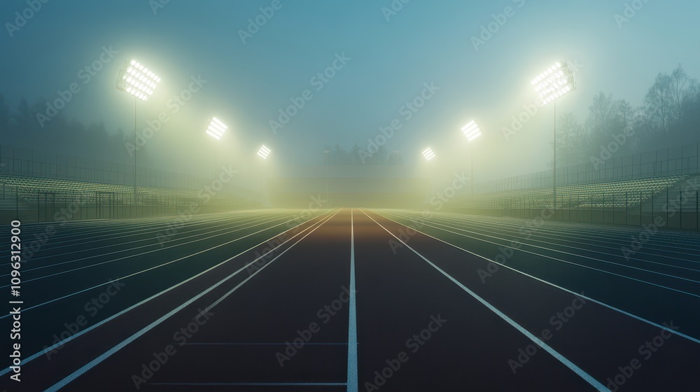 A track field with a foggy sky and lights A track field with a foggy sky and lights