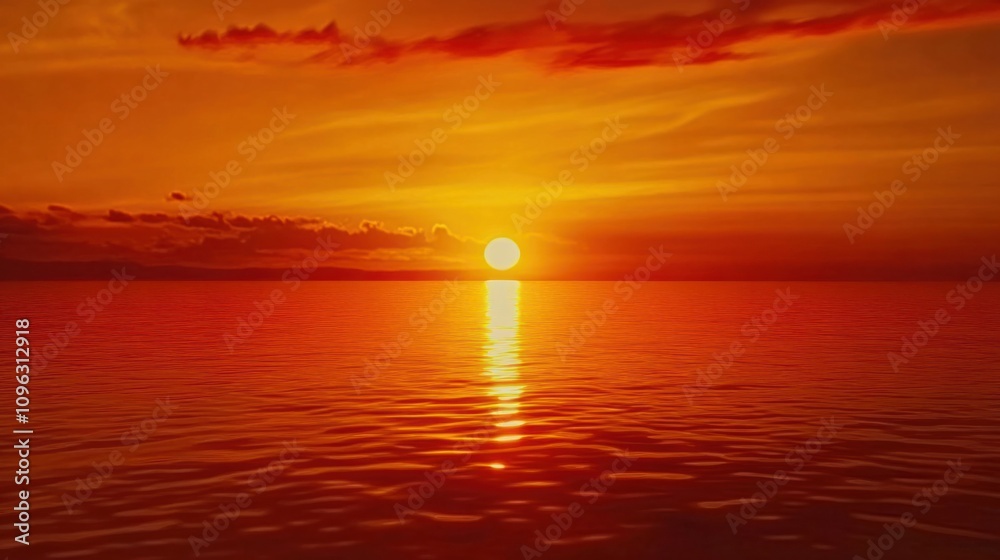 Obraz premium Sunset over the sea with fiery orange and red hues casting reflections on calm water