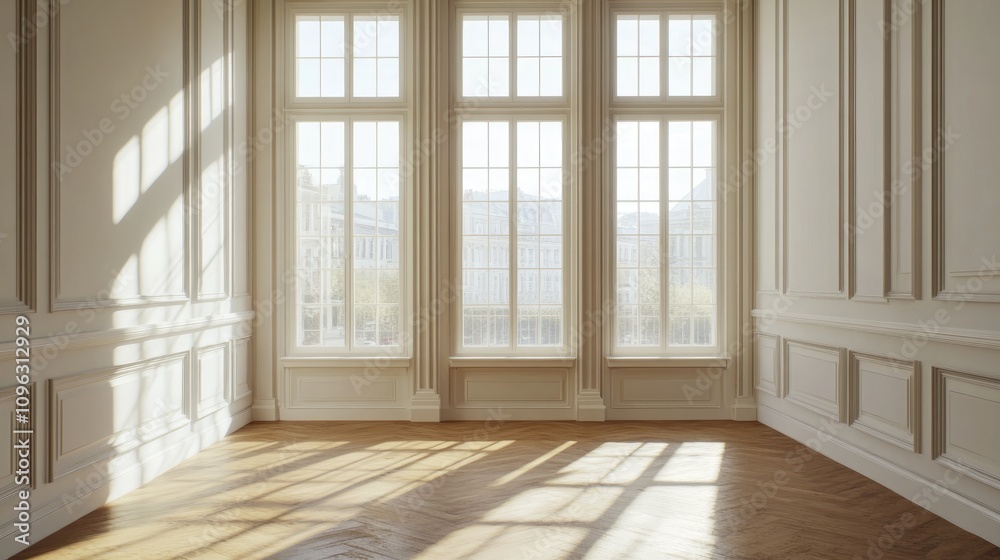 Elegant spacious windows letting in natural light in a bright, airy room with refined architectural details and polished wooden flooring. Elegant spacious windows letting in natural light in a bright, airy room with refined architectural details and polished wooden flooring.