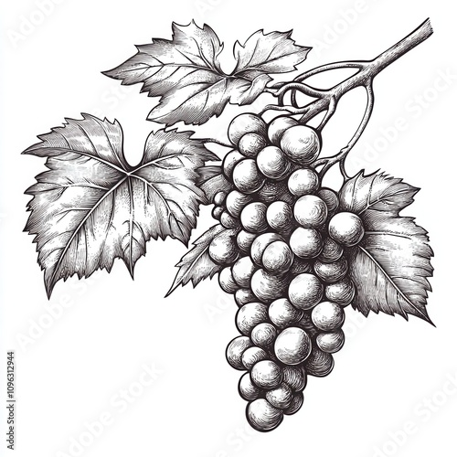 A hand-drawn vintage-style vector of a grapevine with leaves, engraved in monochrome black and white. 