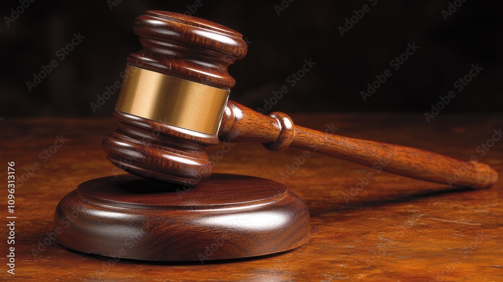 Wooden gavel with a polished finish resting on a rich wooden table, symbolizing law, justice, and the authority of judges in the courtroom. Wooden gavel with a polished finish resting on a rich wooden table, symbolizing law, justice, and the authority of judges in the courtroom.