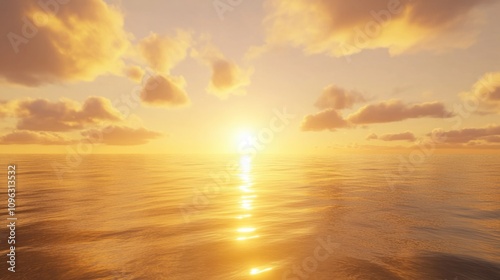 Sunset over the sea with golden light reflecting on the calm water, creating a serene and dreamy background