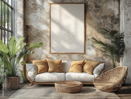 mock up poster frame in modern interior background, living room, Scandinavian style, 3D render, 3D illustration
