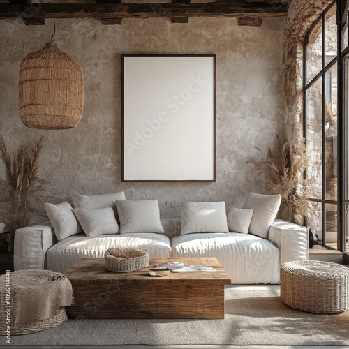 mock up poster frame in modern interior background, living room, Scandinavian style, 3D render, 3D illustration
