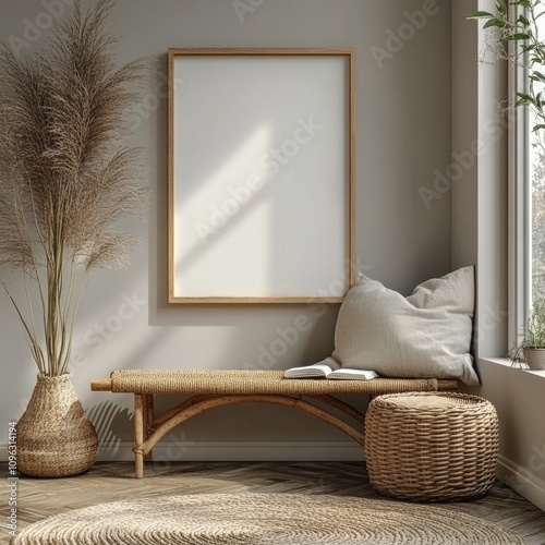 mock up poster frame in modern interior background, living room, Scandinavian style, 3D render, 3D illustration
