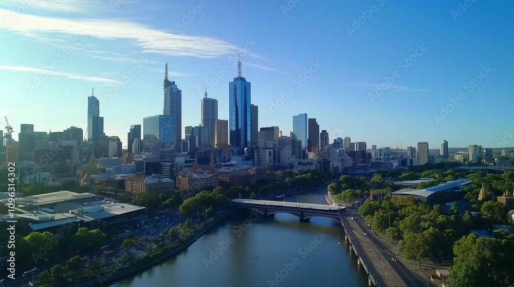 Fototapeta premium Modern City Skyline with CBD Office Buildings at Sunset - Drone View
