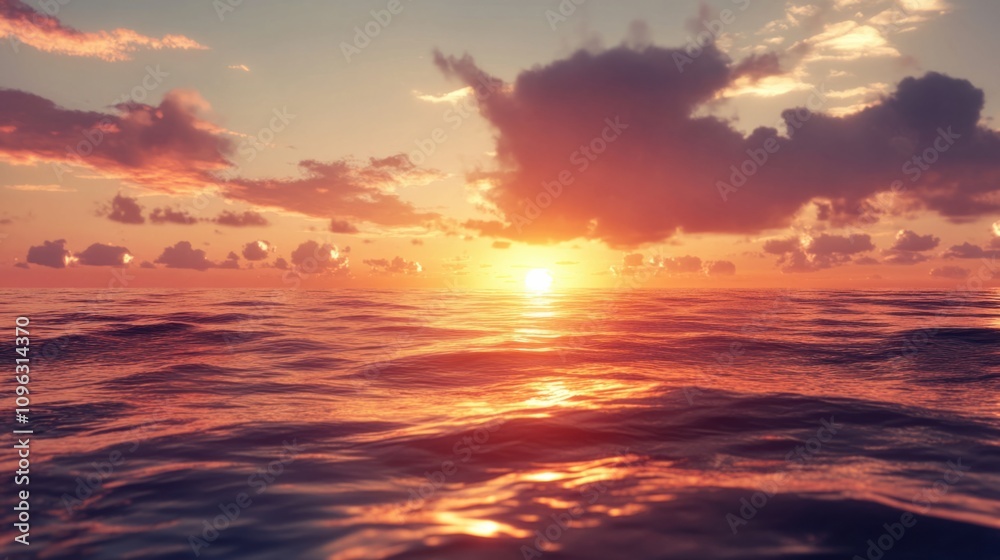 Sunset over the sea with warm light reflecting on the waves and clouds glowing in the sky Sunset over the sea with warm light reflecting on the waves and clouds glowing in the sky