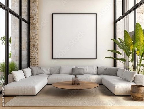 mock up poster frame in modern interior background, living room, Scandinavian style, 3D render, 3D illustration
