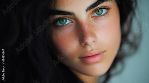 A close-up portrait of a woman with striking green eyes and wispy black hair illuminated by soft natural light