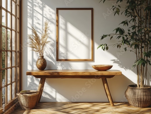 mock up poster frame in modern interior background, living room, Scandinavian style, 3D render, 3D illustration
