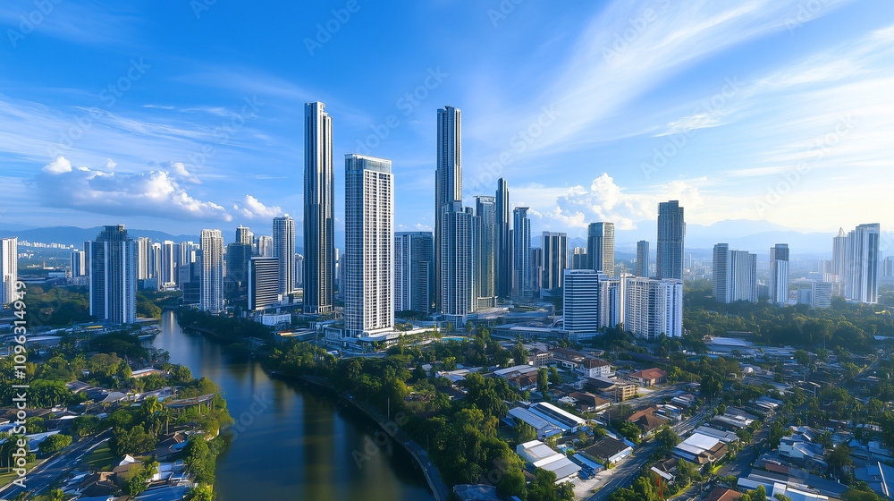 Fototapeta premium City Skyline under Blue Sky and White Clouds
