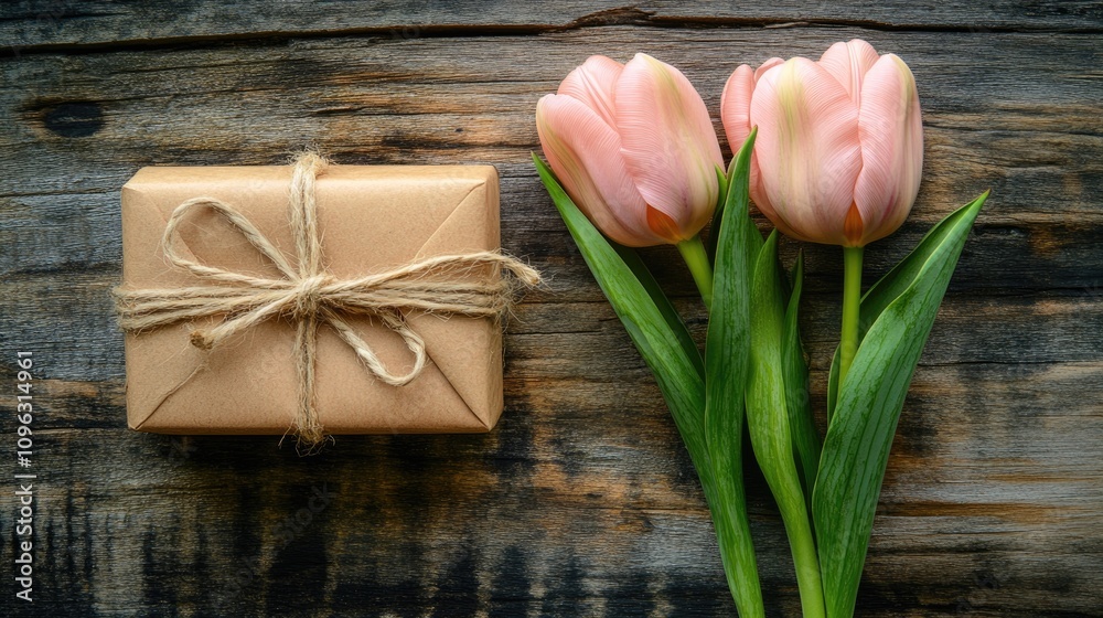 Pink tulips arranged next to a neatly wrapped gift box on a textured rustic wooden surface, evoking a cheerful spring atmosphere. Pink tulips arranged next to a neatly wrapped gift box on a textured rustic wooden surface, evoking a cheerful spring atmosphere.