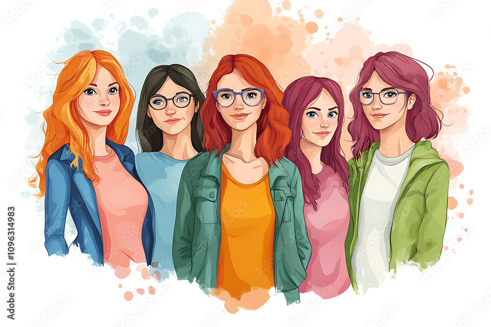 A colorful illustration of five diverse young women with varying hairstyles and outfits. A colorful illustration of five diverse young women with varying hairstyles and outfits.
