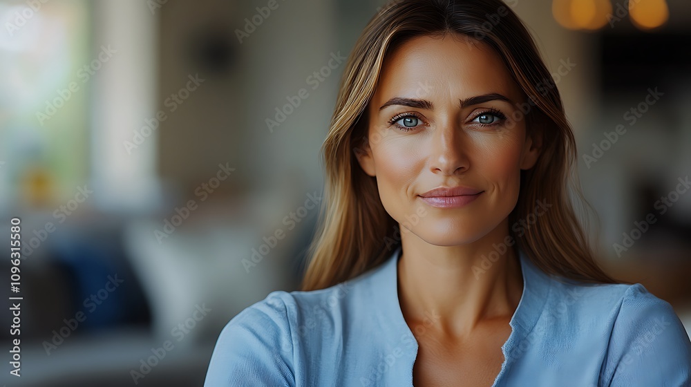 Confident woman with blue eyes, shoulder-length hair, and a subtle smile, indoor setting. Confident woman with blue eyes, shoulder-length hair, and a subtle smile, indoor setting.