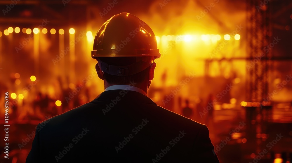 Construction manager in suit and yellow helmet overseeing workers on a site, illuminated by warm sunlight and industrial activity, creating a dramatic atmosphere. Construction manager in suit and yellow helmet overseeing workers on a site, illuminated by warm sunlight and industrial activity, creating a dramatic atmosphere.