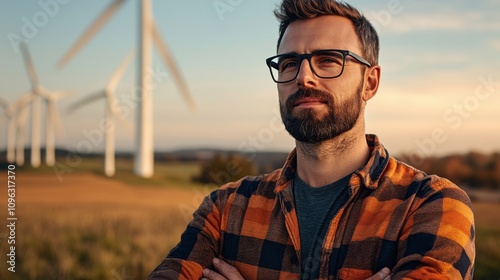 Thoughtful man with glasses stands confidently in front of wind turbines during sunset, embodying sustainability, renewable energy, and modern lifestyle in natural landscape.