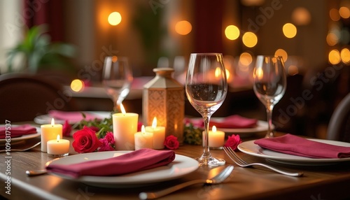 Table setup with assorted candles and decorative pieces for a romantic dinner, leaving ample copy space for fine dining promotions or event invitations.