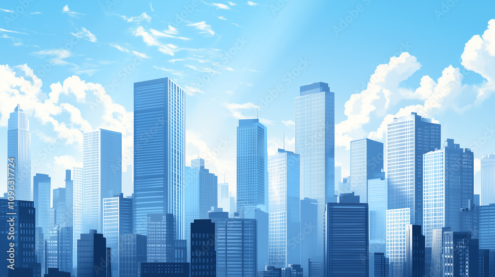 Modern Skyline with High-Rise Office Buildings under Blue Sky Modern Skyline with High-Rise Office Buildings under Blue Sky