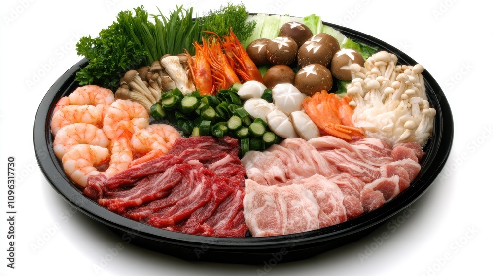 Sukiyaki platter showcasing an array of fresh meats, shrimp, shellfish, vibrant vegetables, and assorted mushrooms arranged attractively around a dipping sauce Sukiyaki platter showcasing an array of fresh meats, shrimp, shellfish, vibrant vegetables, and assorted mushrooms arranged attractively around a dipping sauce