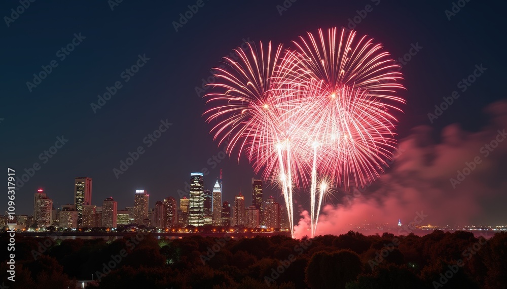 Bright fireworks bursting in a night sky over a city skyline with ample copy space for celebration and festival event announcements. Bright fireworks bursting in a night sky over a city skyline with ample copy space for celebration and festival event announcements.