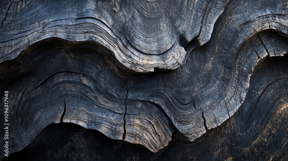 Weathered wooden logs displaying intricate textures and growth rings with dark shadows creating a rustic backdrop