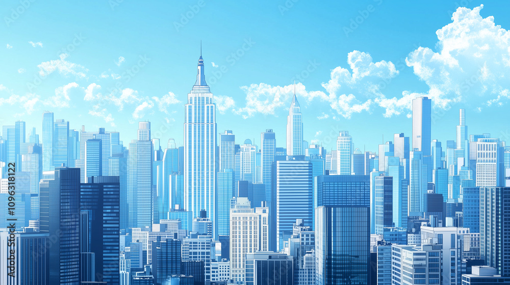 Fototapeta premium Modern Skyline with High-Rise Office Buildings under Blue Sky