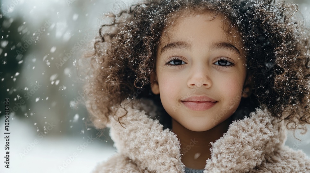 Young girl with curly hair smiling in a fluffy winter coat, surrounded by gentle snowflakes in a serene outdoor setting. Young girl with curly hair smiling in a fluffy winter coat, surrounded by gentle snowflakes in a serene outdoor setting.